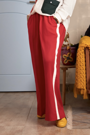 Red Full Wide Trousers with Beige stripe