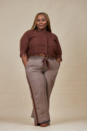 Coffee Palm Wine Crop Top Set + Brown Full Wide Trousers
