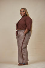 Load image into Gallery viewer, Coffee Palm Wine Crop Top Set + Brown Full Wide Trousers side
