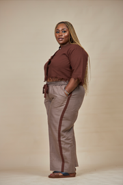 Coffee Palm Wine Crop Top Set + Brown Full Wide Trousers side