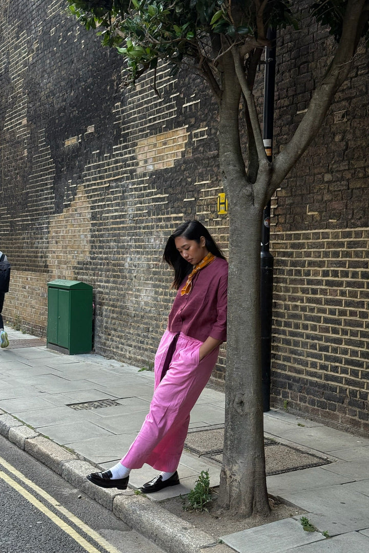 Collarless Crop Top Set (Ruby pink)