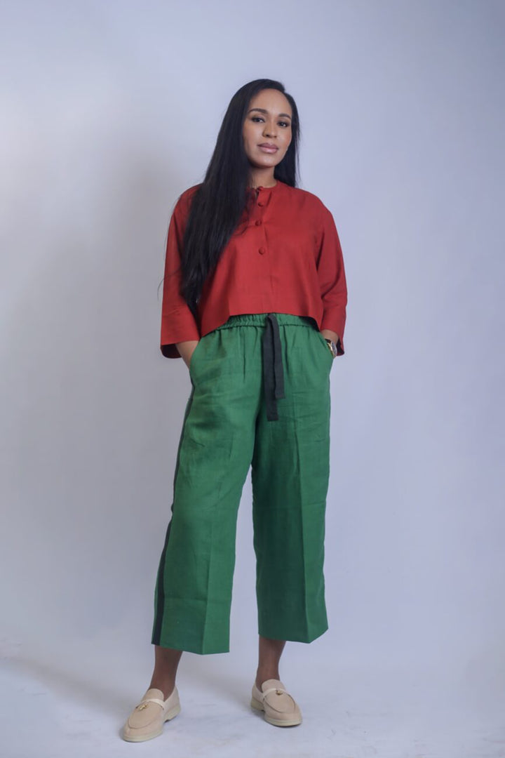 Crimson Tunic Crop Top paired with Forest Green Cropped Trousers