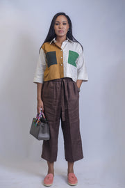 Eccentric Crop Top in Beige + Coffee Wide Cropped Trousers