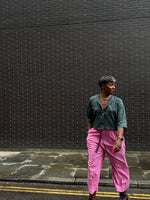 Load image into Gallery viewer, Green collarless crop top + Pink wide cropped trousers
