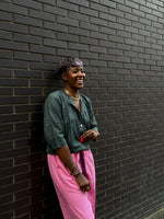 Load image into Gallery viewer, Green collarless crop top + Pink wide cropped trousers

