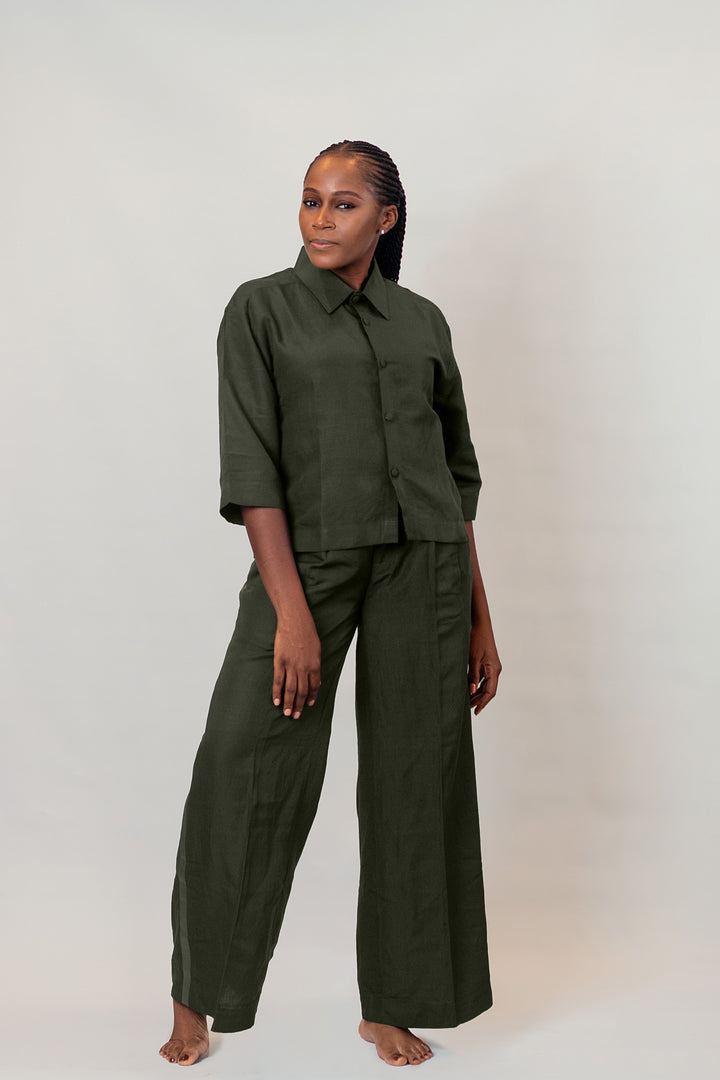 Bottle Green Crop Top and Full Wide Trousers Set