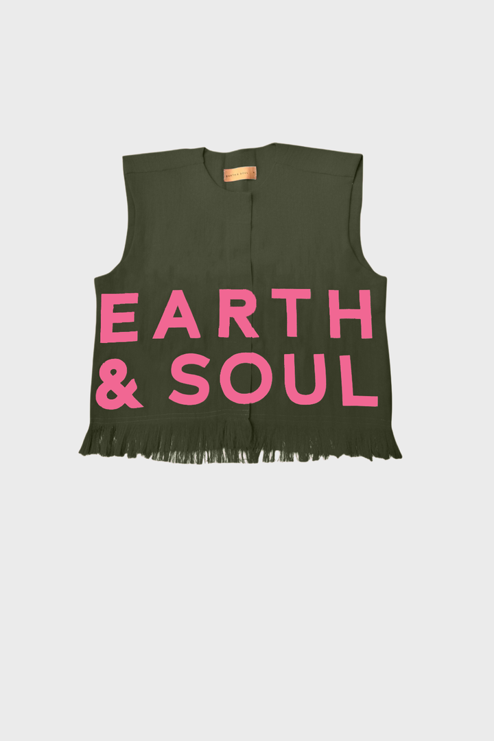 Green sleeveless top with 'Earth & Soul' text on a light gray background