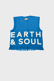 Blue sleeveless top with 'Earth & Soul' text on a light gray background