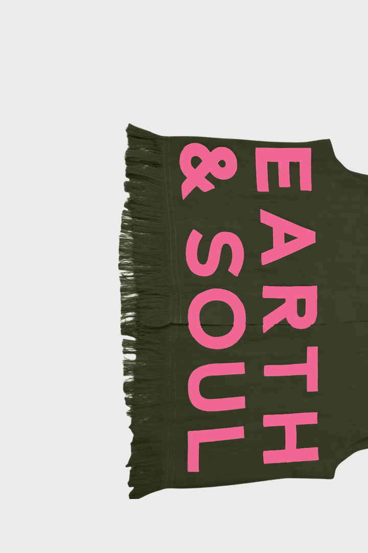 Green Sleeveless with 'Earth & Soul' text in pink on a white background